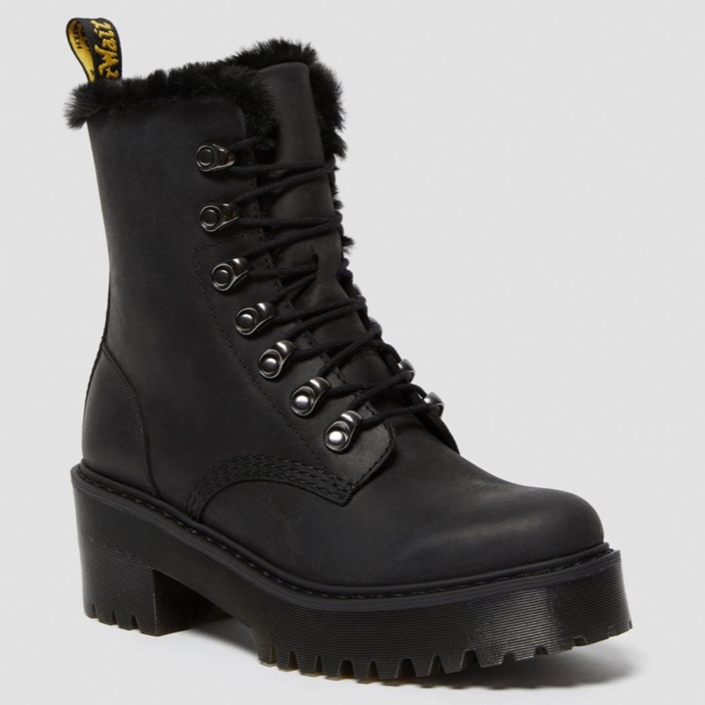 Dr Martens LEONA FAUX FUR PLATFORM LEATHER BOOTS
